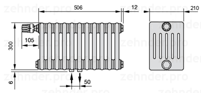 Схема (чертеж) Радиатор Zehnder Charleston 6030/11 №V007 Белый глянцевый RAL 9016